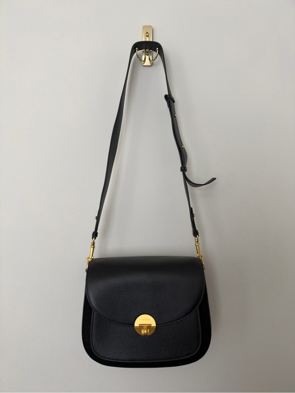 Black Leather Crossbody Bag with Gold Hardware